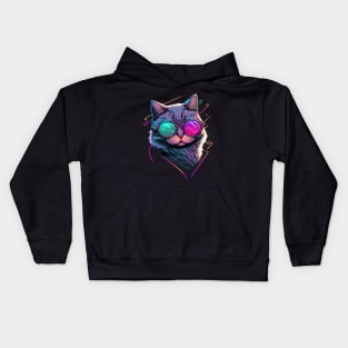 Synthwave/Retrowave neon CAT with Glasses Kids Hoodie